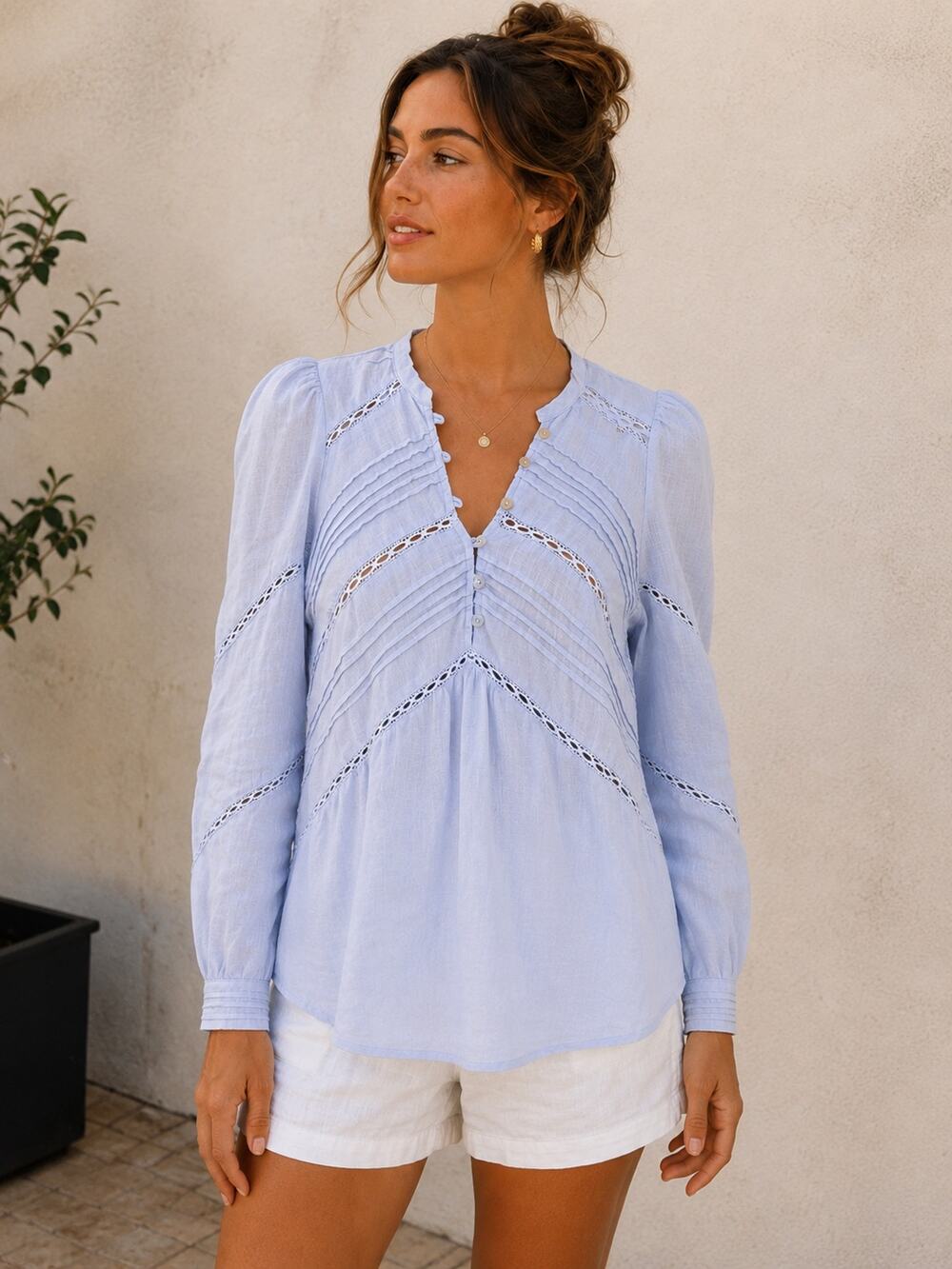Scalpers Linen Blouse M Blue Pintuck Puff Sleeve Euro Summer Coastal Boho Top